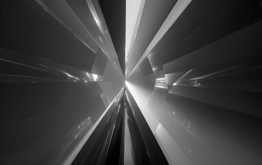 Abstract geometric tunnel corridor with shining light rays and sharp angular lines creating futuristic motion blur effect in dark grayscale