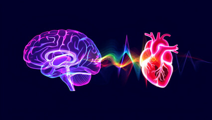 Glowing brain and heart connected by colorful energy wave on dark background connection