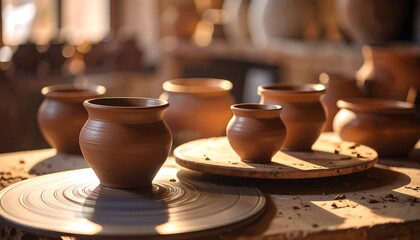 Clay pots on pottery wheel