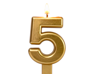  Angled Side Perspective of Burning Number 5 Birthday Candle with Warm Flame Glow.