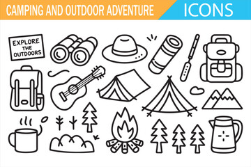 Camping trip and outdoor activity outline symbols, vector icon collection