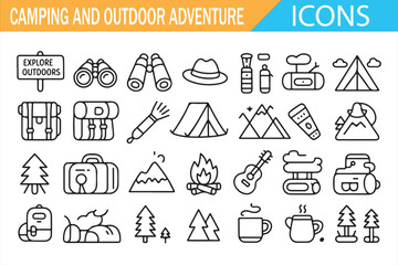 Outdoor adventure and camping equipment outline icons, vector symbol set