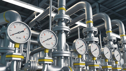 Industrial pipes and pressure gauges controlling flow
