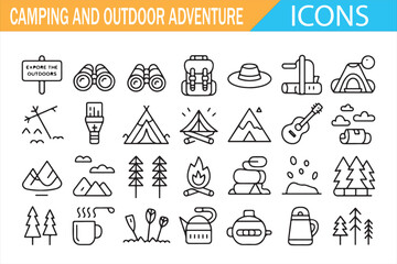 Minimal camping and outdoor adventure icon pack, nature travel illustration