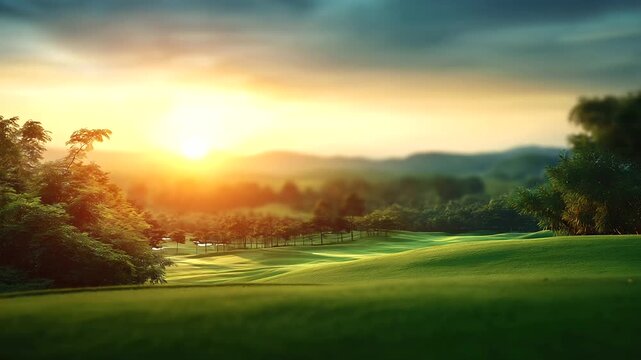 Empty golf course, sunset warm golden, light calm landscape, soft evening atmosphere, clean fairway geometry, emotional serenity peaceful, outdoor scene display, defocused green ba