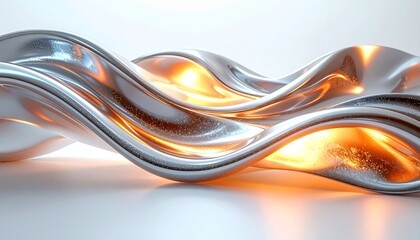 Obraz premium Abstract Metallic Wave With Orange Light Reflections And Tiny Sparkles On White Background