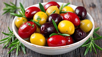 Colorful olives marinated with rosemary in white bowl