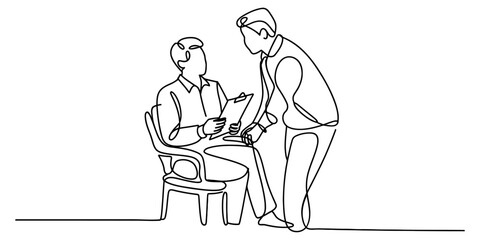 Two people in a continuous line drawing, one seated with a clipboard and the other standing, discussing a document in a professional setting. Vector, illustration