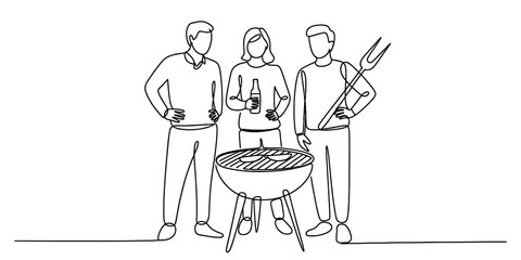 Three people, two men and one woman, stand around a barbecue grill with food and drinks, celebrating summer outdoors with a casual gathering and grilling food. Vector, illustration