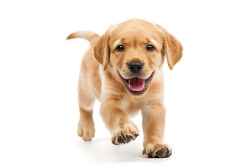 golden retriever puppy moves excitedly toward camera with happy expression isolated on white background that highlights puppy's bright fur