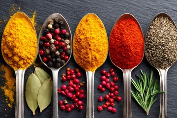 Spoons filled with colorful dry spices and fresh herbs