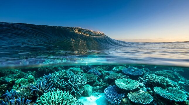 Split view of ocean wave cresting over vibrant coral reef ecosystem