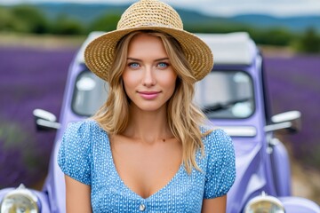 Young woman enjoying summer road trip in lavender field