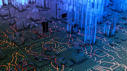 Futuristic cyber circuit cityscape tech background, Digital abstract network wireframe infrastructure connection futuristic background 3D technology.