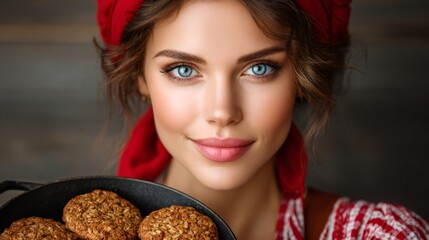 Woman wearing bandana holding fresh baked oatmeal cookies