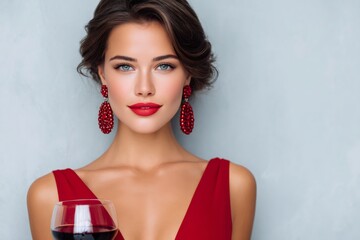 Elegant woman posing with red dress and wine glass