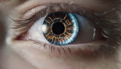 A close-up of an eye with digital reflections, showcasing the future's technology-powered vision and advanced visual technology.