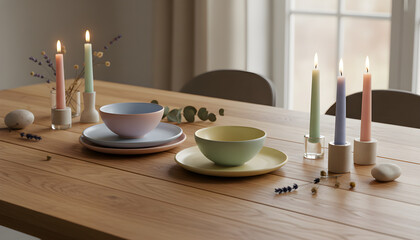 Pastel Table Setting with Lit Candles
