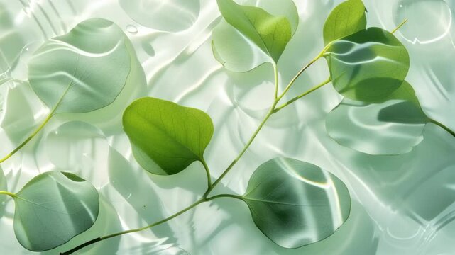 Green eucalyptus branches in rippling water with light reflections. Natural cosmetic background for skincare products. Purity and hydration concept