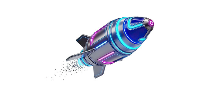 Futuristic rocket with neon lights and metallic finish on transparent background