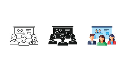 Set of three icons representing a group of people in a meeting or conference setting, including line art, silhouette and colored styles