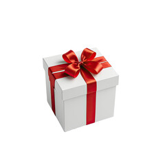 White gift box with red satin ribbon, isolated on a black background