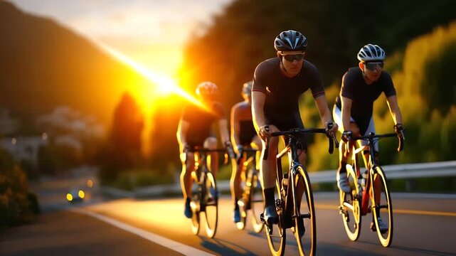 Photorealistic sunset cycling, group road cyclists, riding smooth formation, open road scene, warm golden-hour light, rim light outlining, helmets athletic teamwork, faceless cycli