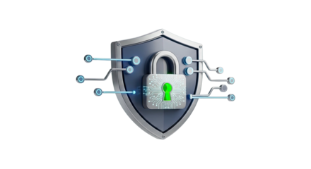 Digital security shield with padlock and network connections concept