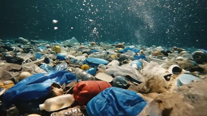 Underwater Ocean Garbage Pile With Floating Plastic Bottles Buoys And Debris In Clear Blue Water With Sun Rays And Bubbles Causing Environmental Pollution