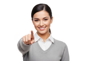 Smiling young professional woman with dark hair points her index finger forward isolated on transparent background