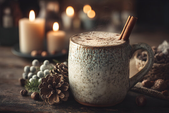 Warm spiced beverage in a rustic mug with festive winter decorations and soft candlelight