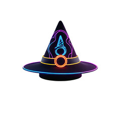 Fototapeta premium Witch hat with a neon outline. Halloween concept, isolated on black background