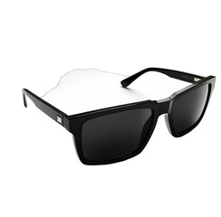 Glossy black sunglasses with rectangular lenses and thick frames on white backdrop