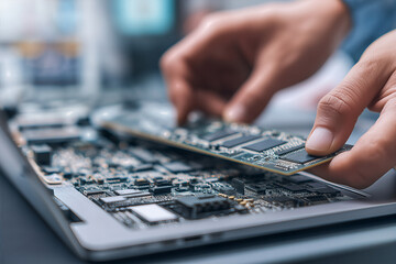 A technician is replacing a SO-DIMM RAM module in an open laptop on a table.