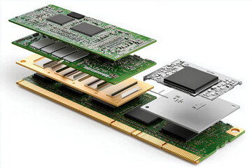 An exploded-view diagram of a RAM stick with its layers and chips displayed separately.
