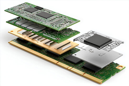 An exploded-view diagram of a RAM stick with its layers and chips displayed separately.
