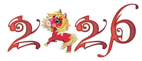 Fototapeta premium A banner for Chinese New Year 2026, combining an image of a horse and the number 2026, done in a cartoon style, the year of the horse.