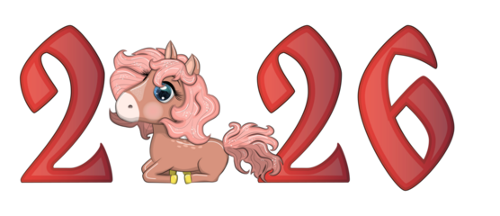 A banner for Chinese New Year 2026, combining an image of a horse and the number 2026, done in a cartoon style, the year of the horse.
