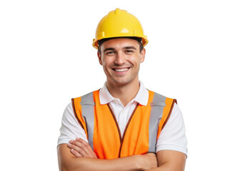 Smiling construction worker wearing a yellow hard hat and orange safety vest with arms crossed isolated on transparent background