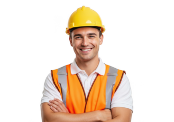 Smiling construction worker wearing a yellow hard hat and orange safety vest with arms crossed isolated on transparent background