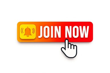 Bright orange and red call to action button with the text join now and a cursor hand icon indicating a click