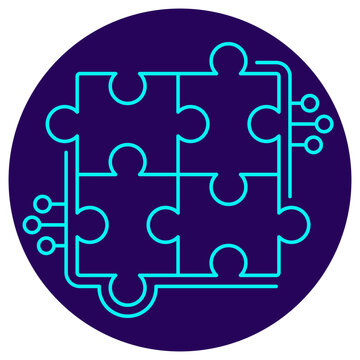 AI Problem Solving Icon. Minimalistic neon outline on a dark blue round background. Vector illustration of assembled puzzle pieces connected to a digital circuit, symbolizing system integration