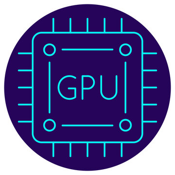 GPU Chip Icon. Minimalistic neon outline on a dark blue round background. A stylish vector illustration of a graphics processing unit, symbolizing computing power, high performance