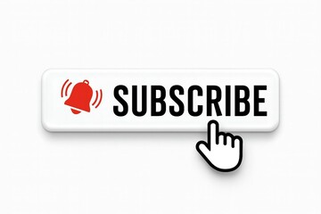 Modern digital subscribe button with a notification bell icon and a cursor hand pointer on a white background