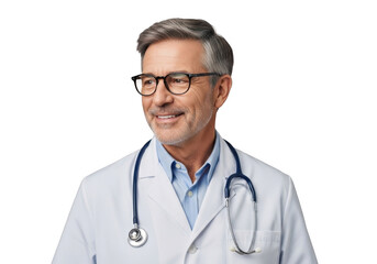 Smiling middle aged male physician wearing glasses and a white lab coat with a stethoscope around his neck isolated on transparent background