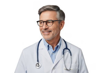 Smiling middle aged male physician wearing glasses and a white lab coat with a stethoscope around his neck isolated on transparent background