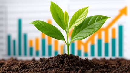 Green plant growing from soil with financial chart background