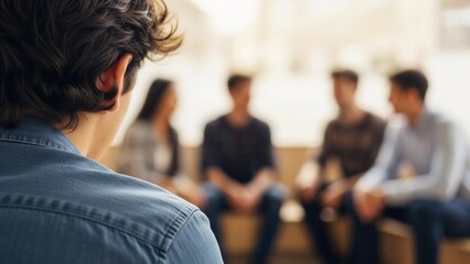 A young Caucasian male with curly hair sits in the foreground, looking at a group of four diverse teenagers engaged in conversation. The scene conveys feelings of isolation and anxiety.