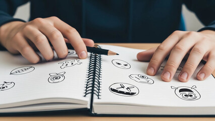 A pair of hands rests on a sketchbook filled with various doodles and emoticons. The scene conveys feelings of anxiety and social exclusion related to school.
