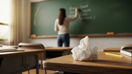 A classroom scene with a young Caucasian woman writing on a chalkboard. A crumpled tissue lies on a desk, symbolizing stress and anxiety in school.